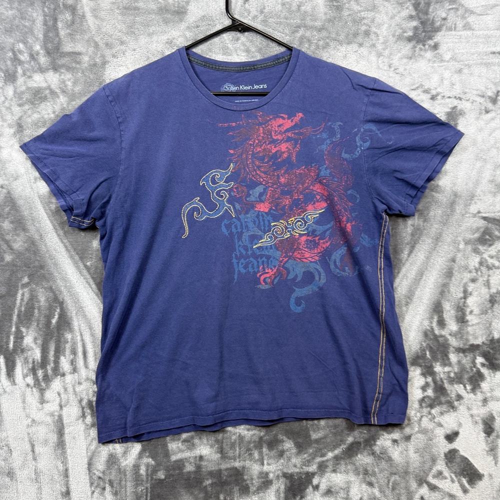 Calvin Klein Jeans T-Shirt Mens XL Blue Dragon Graphic Contrast Stitch Tee
